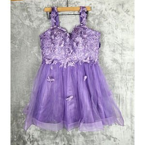 NWT Warm Notices Purple Tulle Mini Dress Prom 3D Butterfly Floral Tie Back 16W